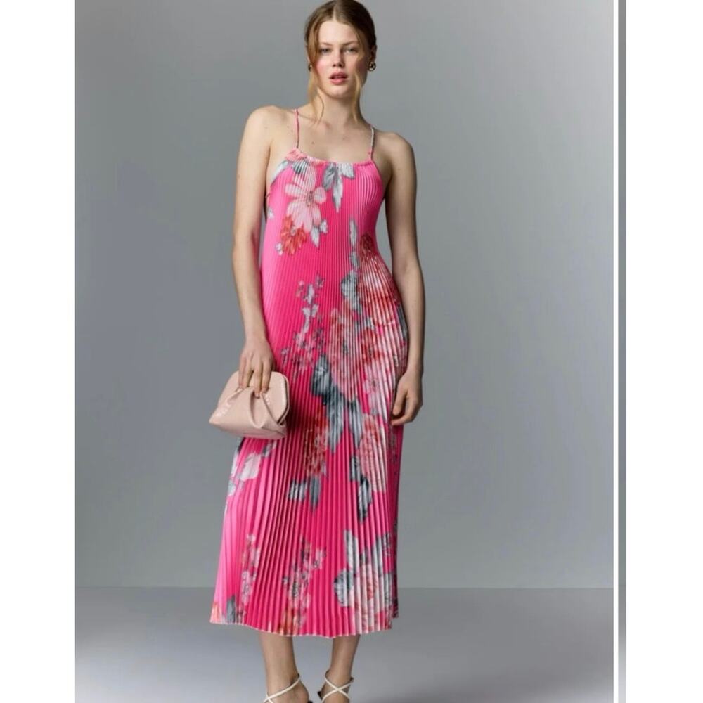 LIDÉE Pink Floral Ete pleated midi Dress Size 6